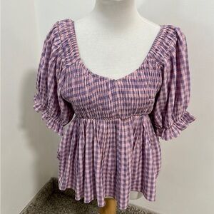 PIPER & SCOOT Smocked Puff Sleeve Peplum Plaid Top